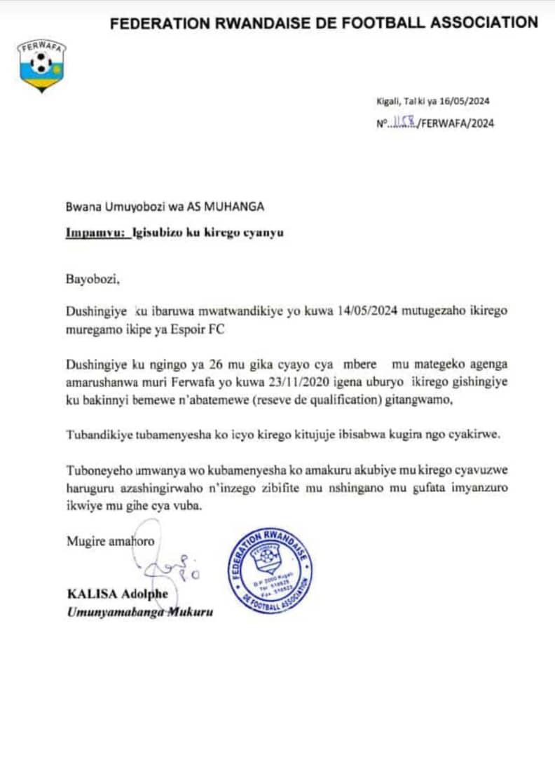 FERWAFA Yateye Utwatsi Ikirego Cya AS Muhanga - Inyarwanda.com